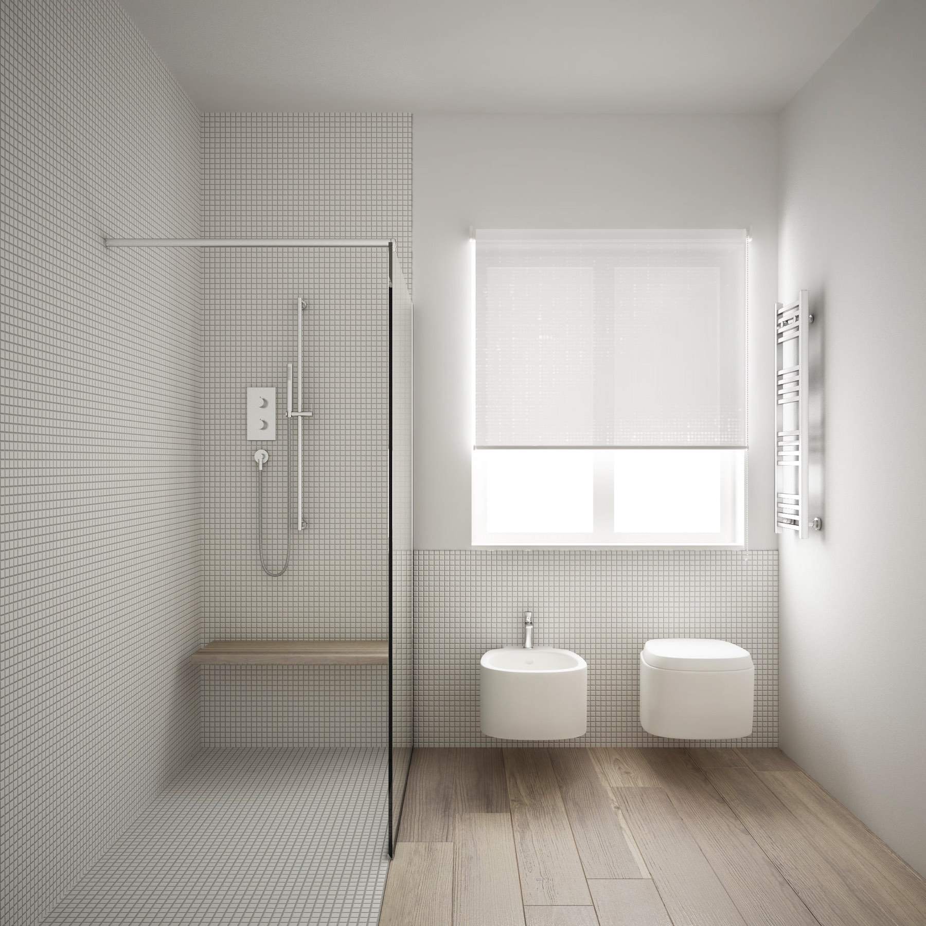 A shower room with a walk-in shower, grid-tiled walls and a wall-hung toilet.