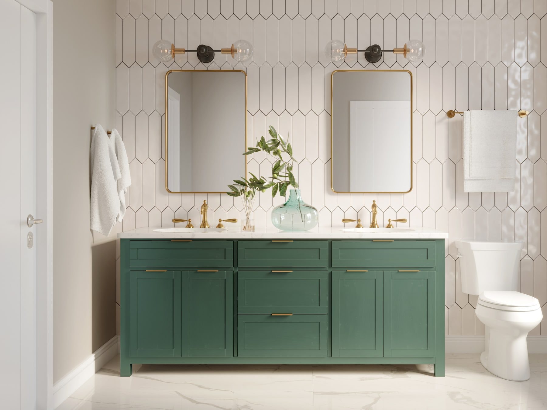 A green double vanity unit with two basins and brass taps beneath two mirrors.