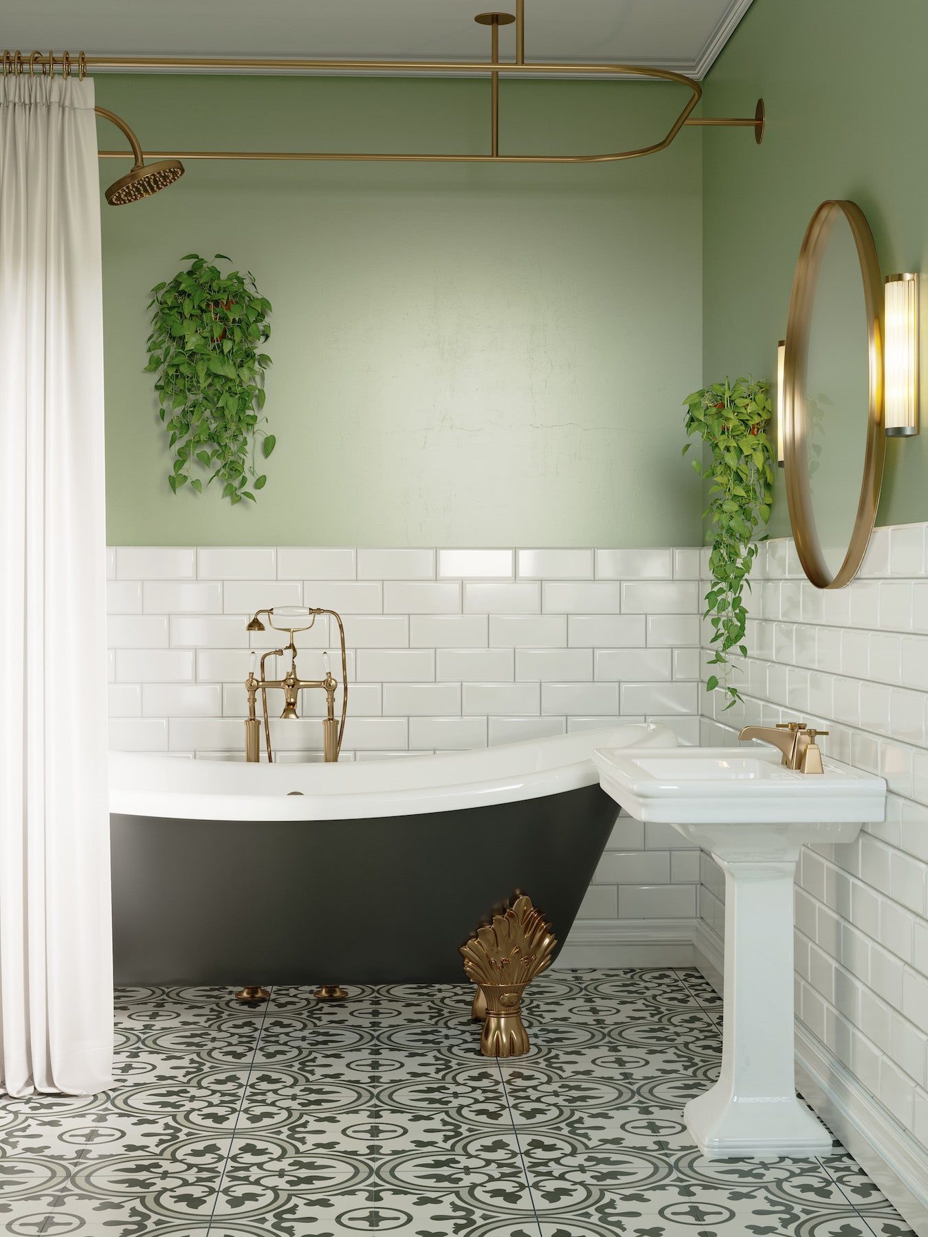White metro tiles to half height below green-painted walls, with a black roll-top bath and trailing plants.