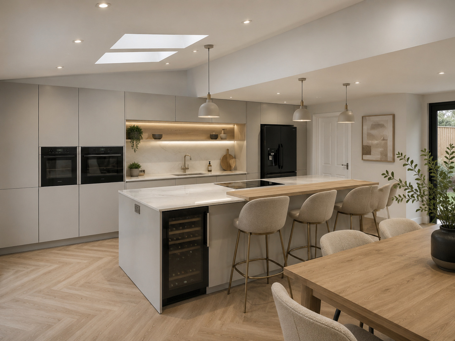 Rotpunkt light grey open plan kitchen with island