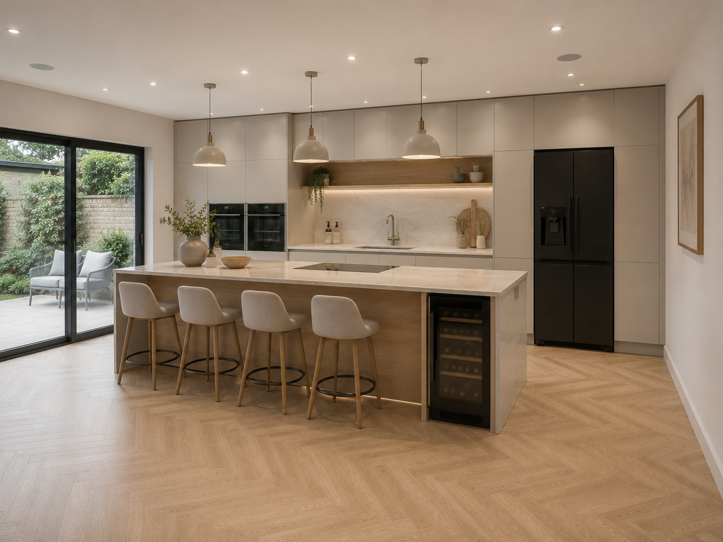 Rotpunkt light grey open plan kitchen with island