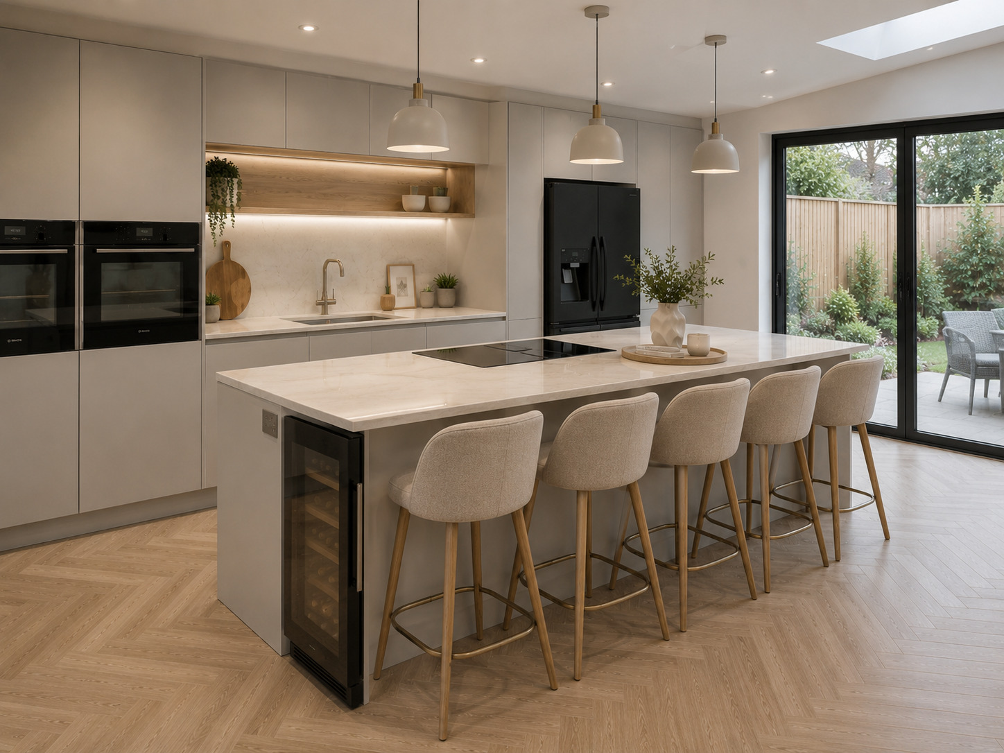 Rotpunkt light grey open plan kitchen with island