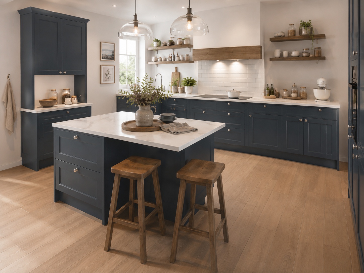 Nobilia Cascada Fjord Blue kitchen with fjord blue matt framed doors, pale stone worktops, natural wood flooring and warm open shelving.