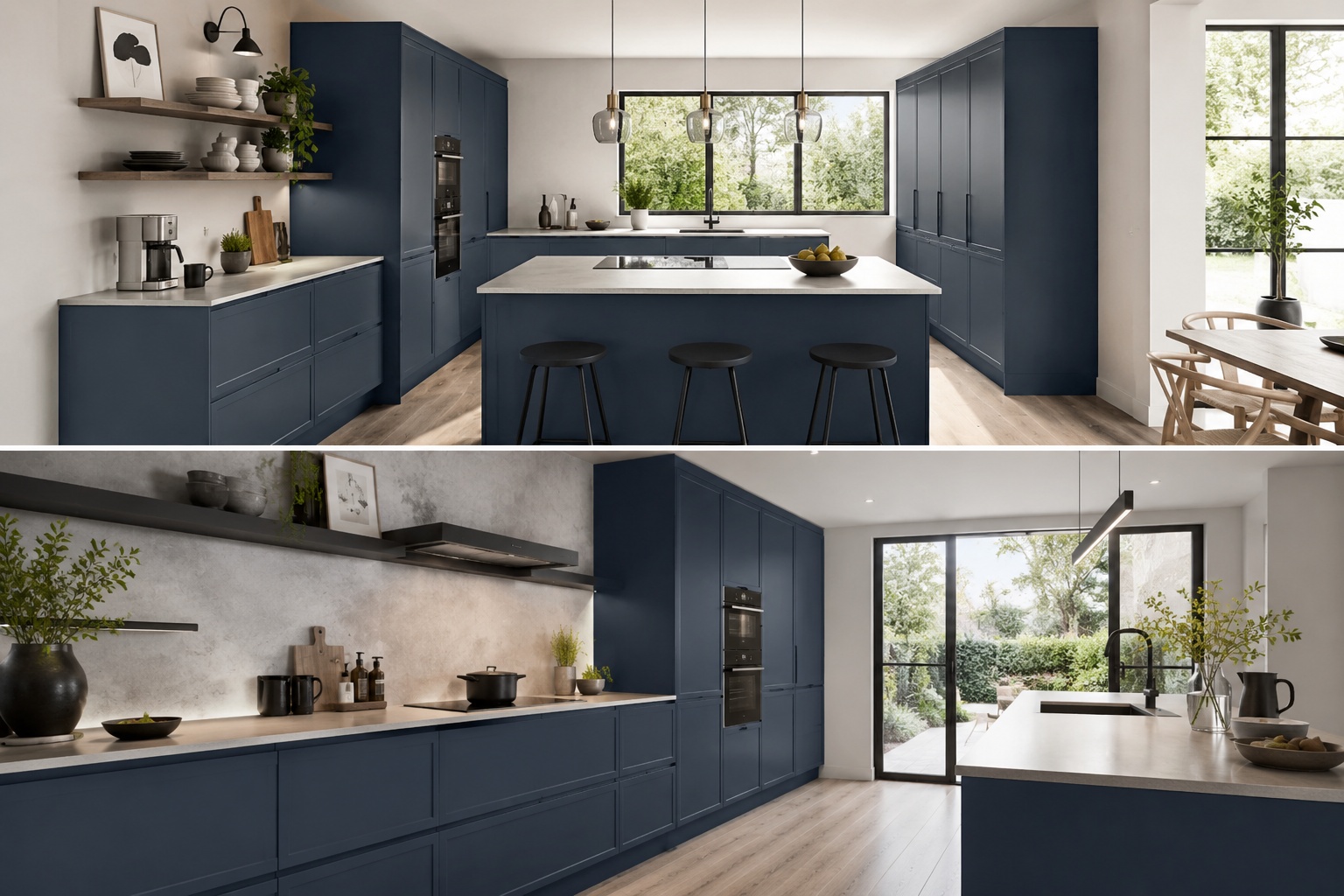 Nobilia Cascada Fjord Blue kitchen with fjord blue matt framed doors shown across two contemporary kitchen views with pale stone, black accents and garden light.