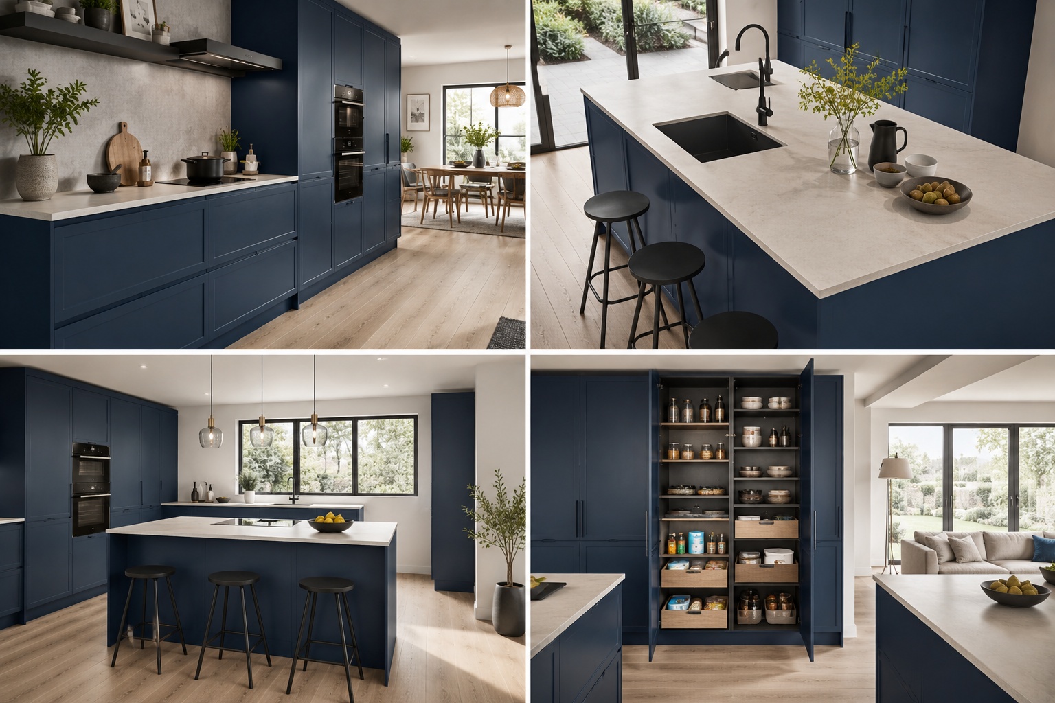 Nobilia Cascada Fjord Blue kitchen with fjord blue matt framed doors shown with island, tall storage, black accents, pale stone and modern storage details.