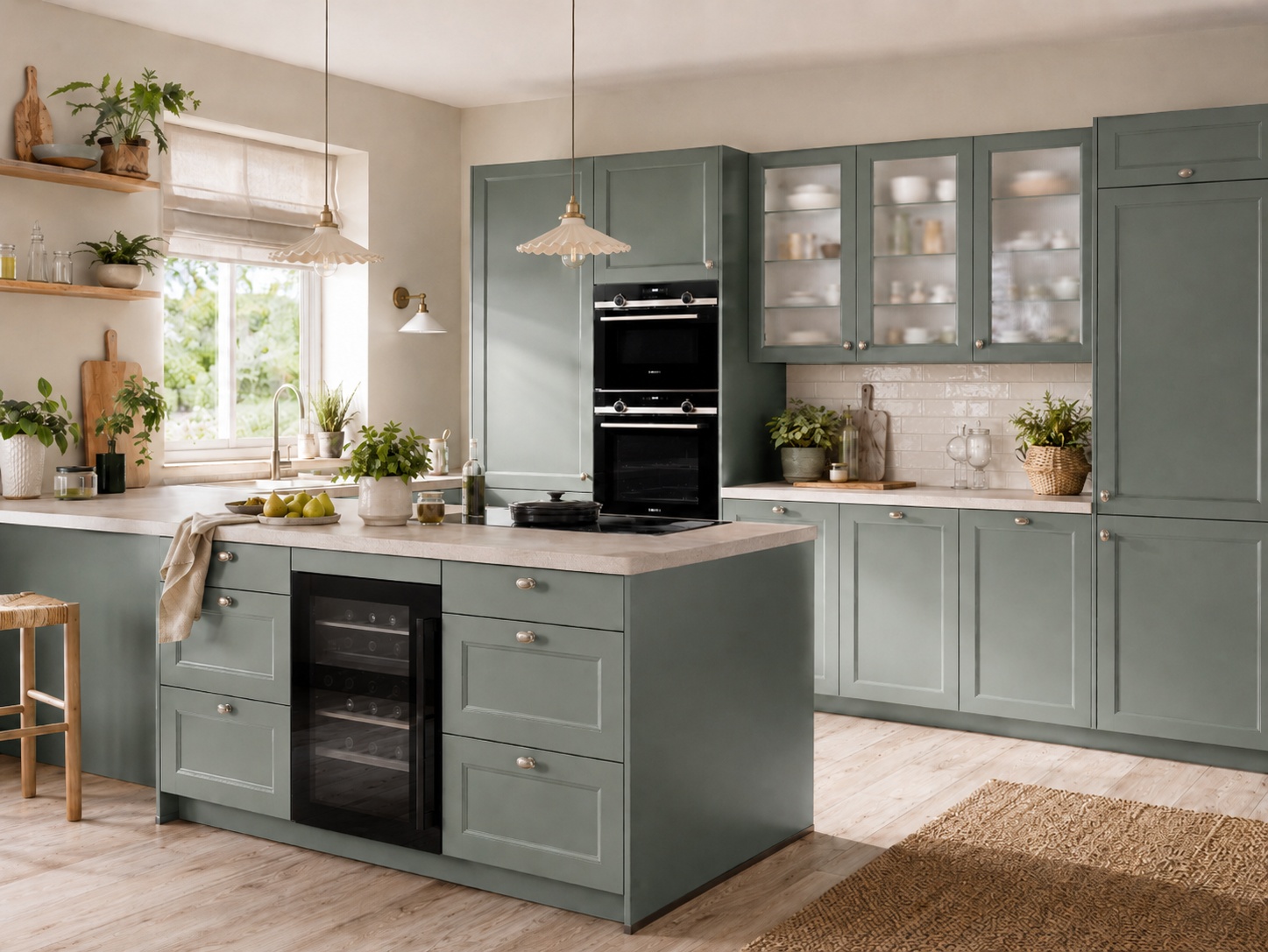 Nobilia Cascada Reed Green kitchen with reed green matt framed doors, glazed ceramic wall tiles, pale worktops, greenery and warm wood shelves.