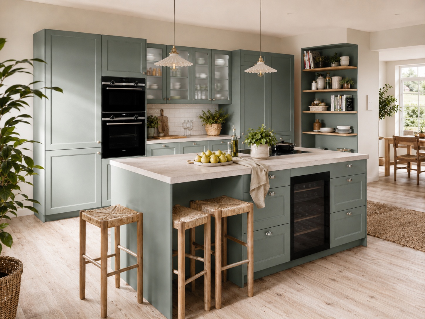 Nobilia Cascada Reed Green kitchen with reed green matt framed doors, pale worktops, open shelving, woven stools and natural plant accents.
