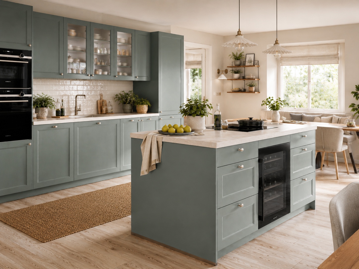Nobilia Cascada Reed Green kitchen with reed green matt framed doors, glazed ceramic tiles, island seating, soft daylight and warm wood flooring.