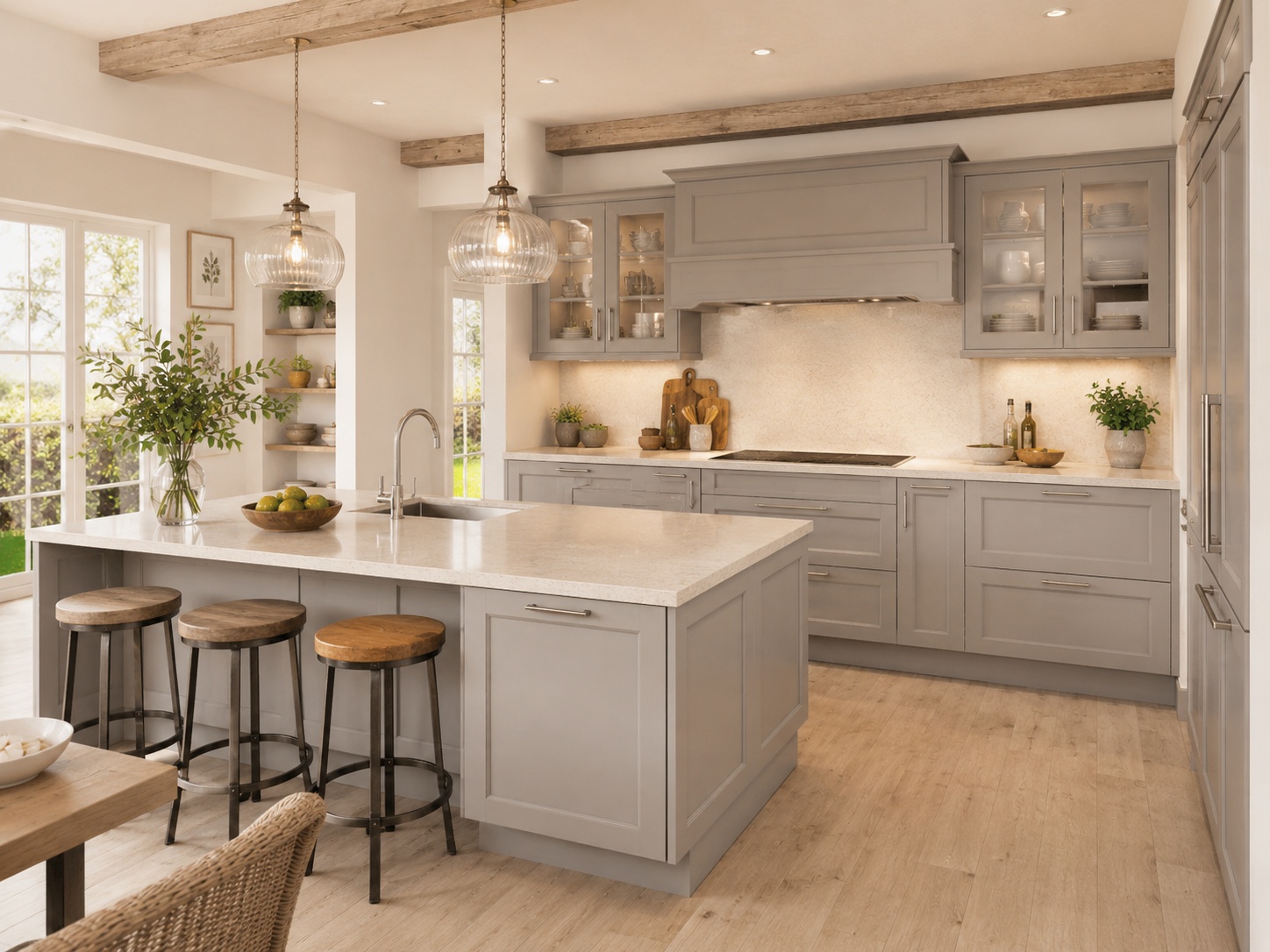 Nobilia Cascada Stone Grey kitchen with stone grey matt framed doors, pale worktops, oak flooring, exposed beams and soft warm accessories.