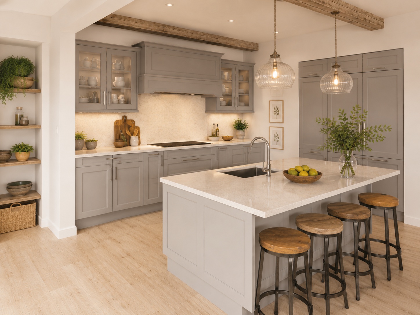 Nobilia Cascada Stone Grey kitchen with stone grey matt framed doors, light wood flooring, pendant lighting, pale worktops and natural accessories.