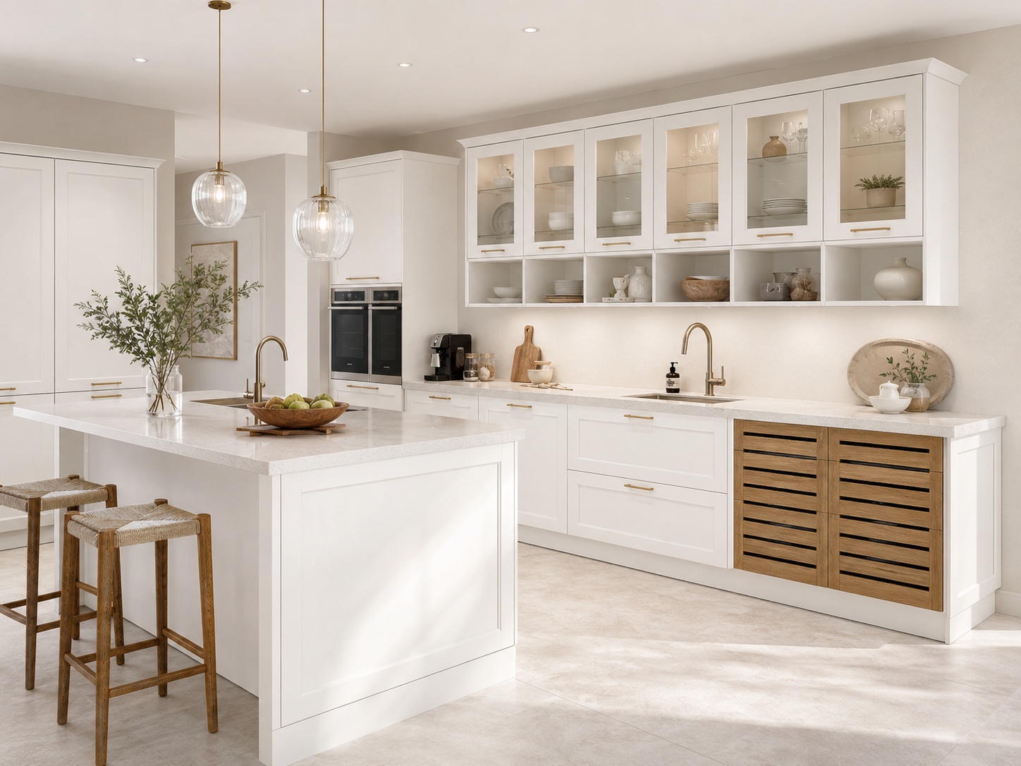 Nobilia Cascada White kitchen with white matt framed doors, light stone surfaces, brass handles, glazed wall cabinets and warm wood accents.
