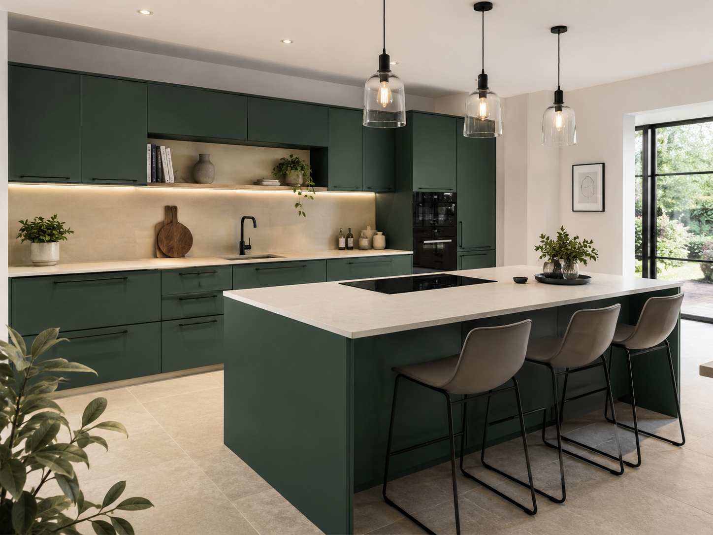 Nobilia EasyTouch Mineral green ultra matt kitchen with island, rich dark green ultra matt doors, pale stone worktops, soft grey floor tiles and black accents and natural greenery.