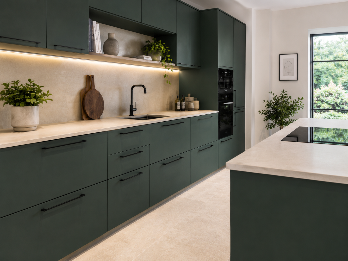 Nobilia EasyTouch Mineral green ultra matt cabinet and worktop detail with rich dark green ultra matt doors, pale stone worktops, soft stone backsplash and black accents and natural greenery.