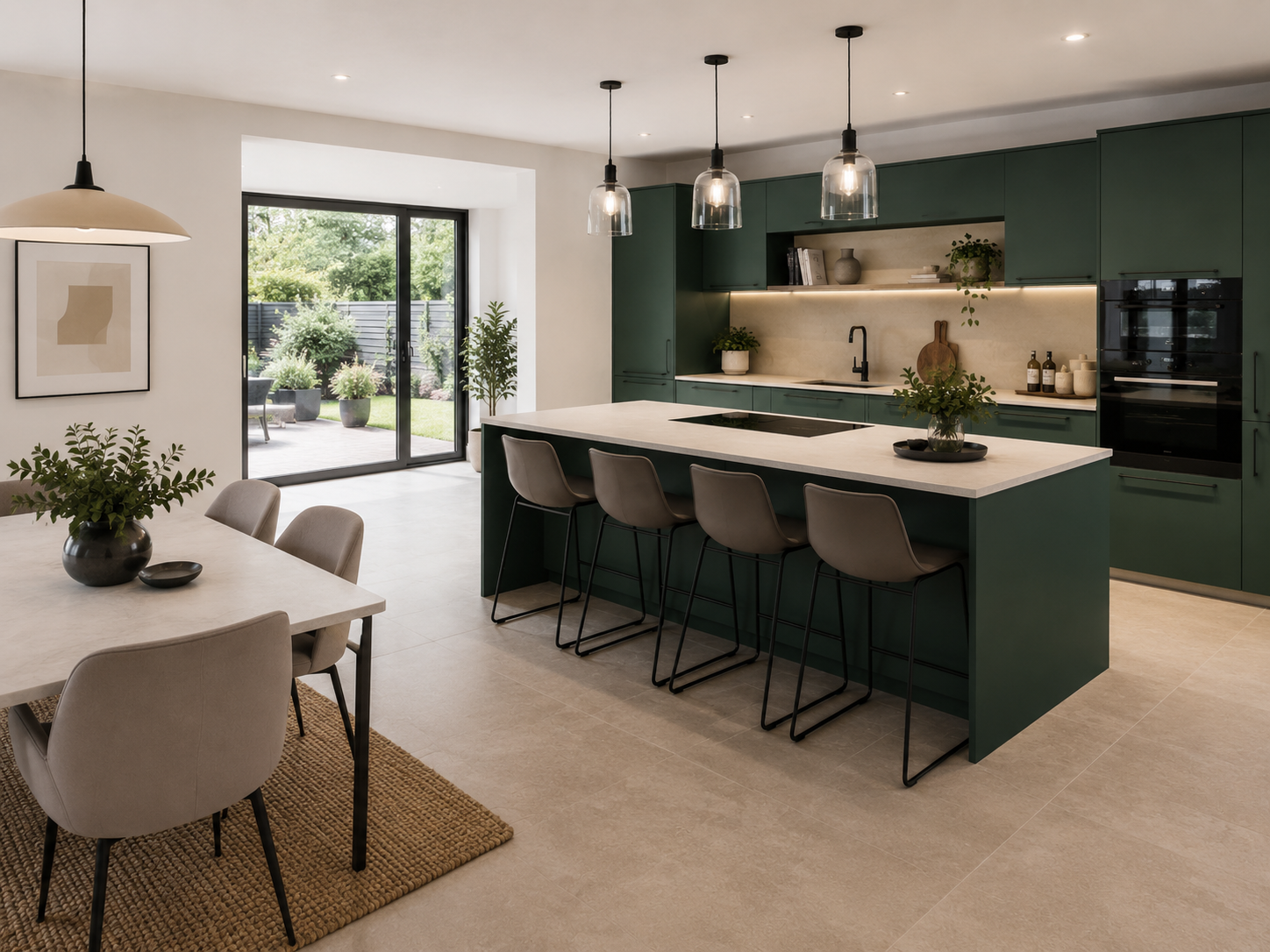 Nobilia EasyTouch Mineral green ultra matt kitchen-diner with rich dark green ultra matt doors, pale stone worktops, soft grey floor tiles and black accents and natural greenery.