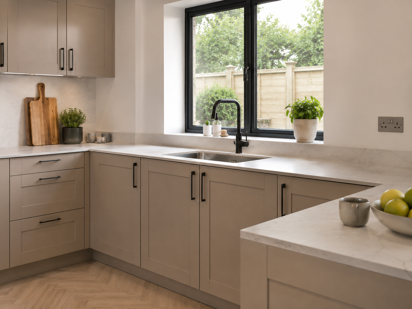 Nobilia Frame Macchiato kitchen showing wood-textured shaker-style cabinetry, pale grey marble-effect quartz surface, undermount stainless steel sink with black mixer tap and bright natural daylight around the sink area.