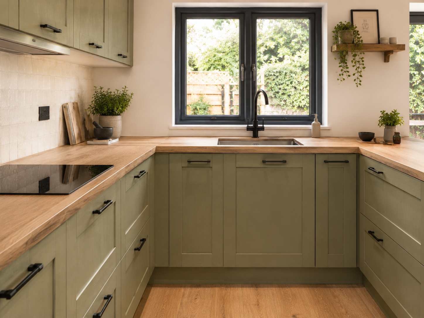 Nobilia Frame Olive kitchen showing wood-textured shaker-style cabinetry, honey oak reproduction worktop with warm wood character, undermount stainless steel sink with black mixer tap and bright natural daylight around the sink area.