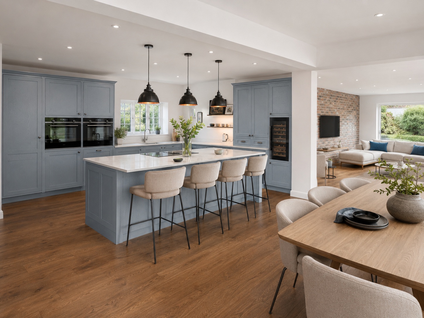 Nobilia Frame Stone Blue kitchen-diner with island seating, Alpine white compact worktop with crisp pale surface, warm wood flooring, neutral furniture and garden-facing glazing in a UK home.