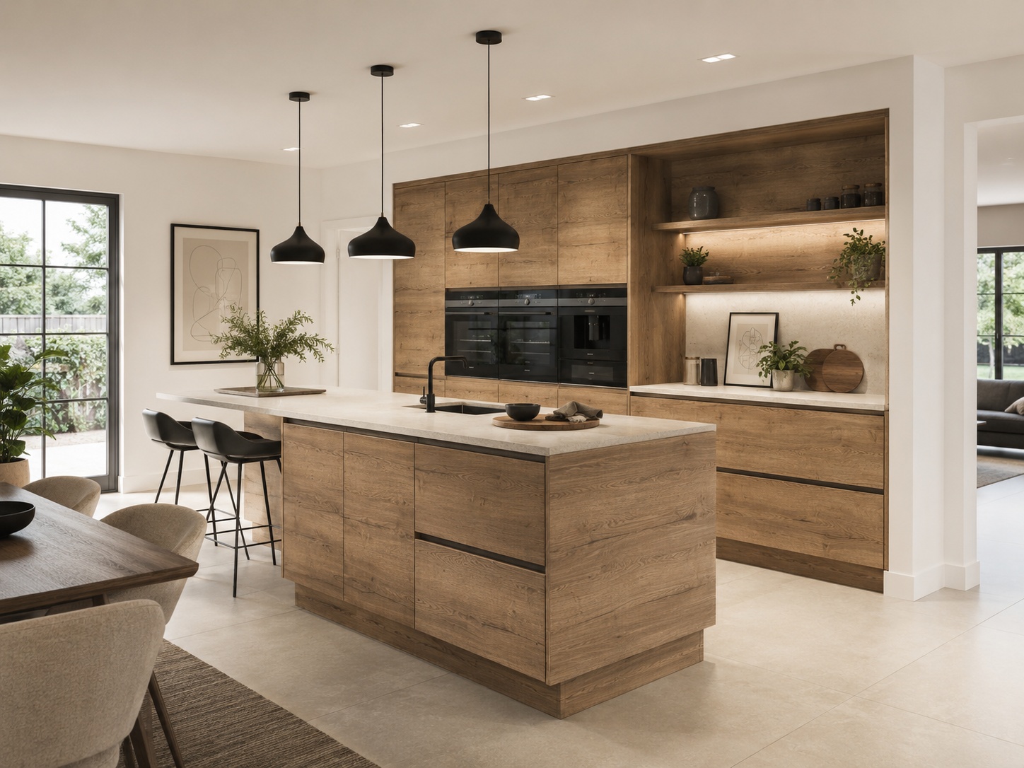 Nobilia Structura 402 Havana Oak reproduction kitchen with warm oak wood-effect cabinets, a light stone worktop, black accents and integrated appliances in a contemporary UK home.