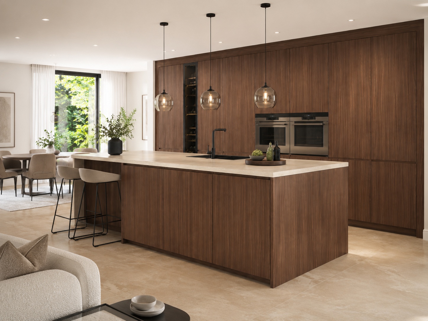 Nobilia Structura 407 Milano Walnut reproduction kitchen with rich warm walnut wood-effect fronts, clean vertical grain, pale stone worktops and integrated black appliances.