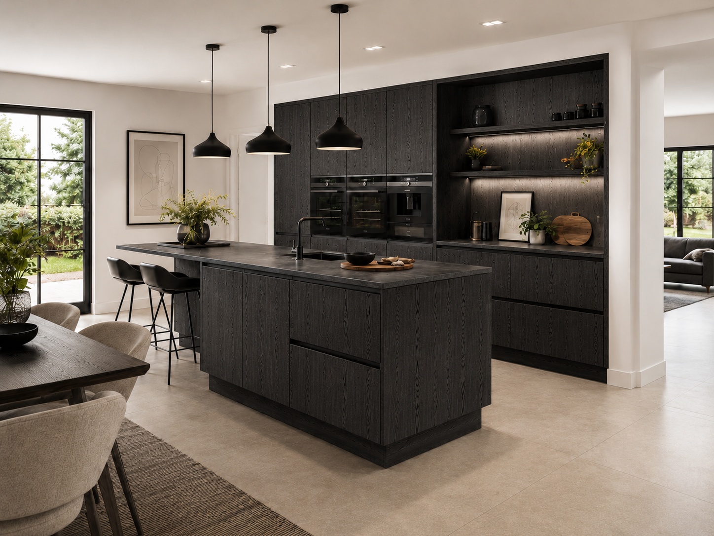 Nobilia Structura 403 Nero Oak reproduction kitchen with dark textured wood-effect fronts, black fixtures, integrated appliances and warm neutral flooring.