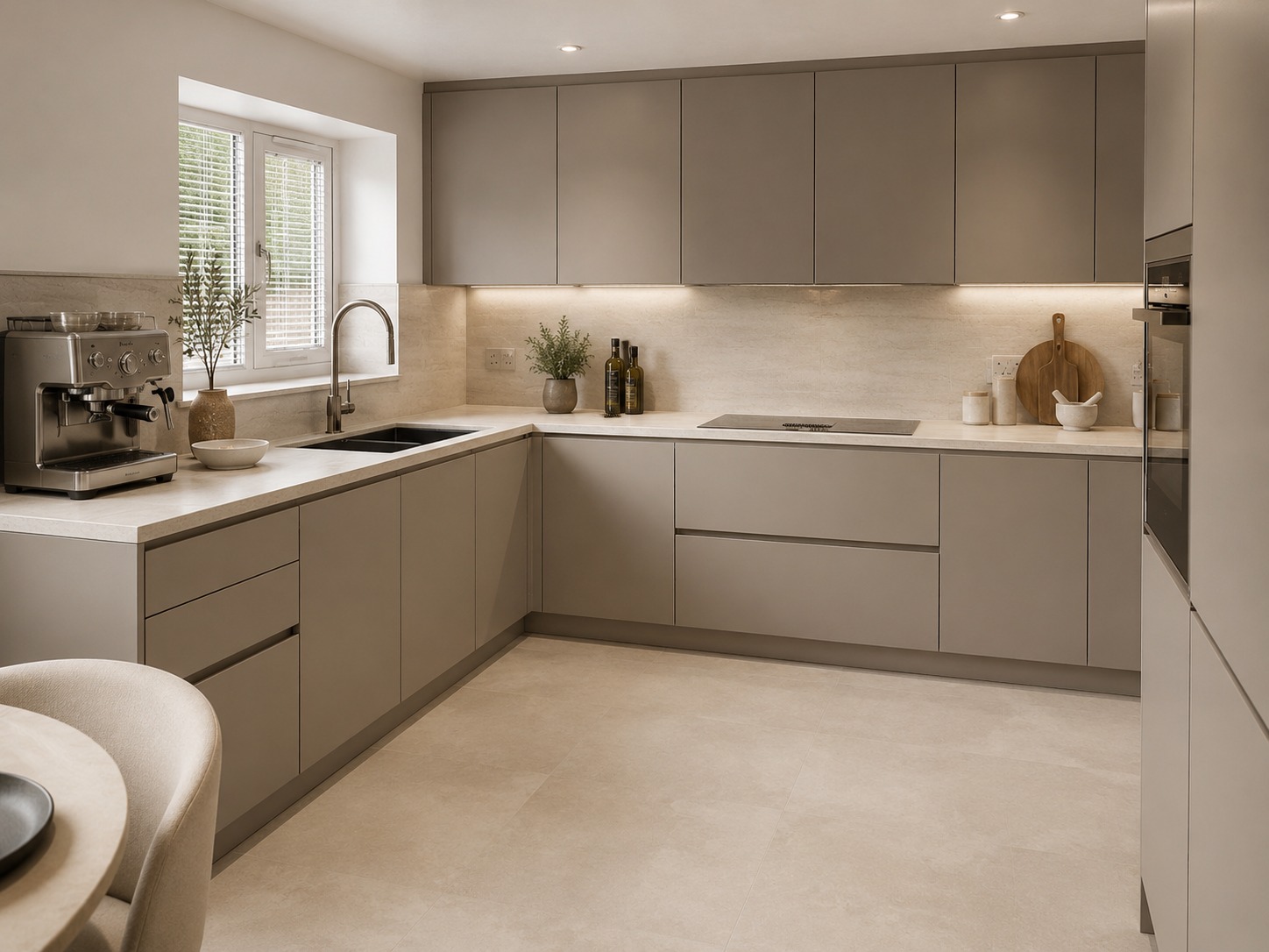 Nobilia Senso kitchen in Macchiato matt finish with warm pale stone-effect worktops with soft veining, large-format warm limestone-effect porcelain floor tiles and stainless steel and black glass integrated appliances, brushed steel mixer tap and undermount sink and natural daylight in a UK kitchen