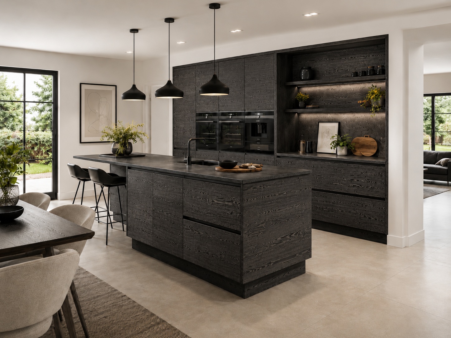 Nobilia Structura 403 Nero Oak reproduction kitchen with dark textured wood-effect fronts, a light stone worktop, pale accessories and integrated black appliances.