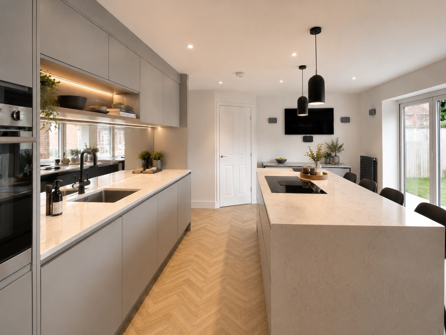 Nobilia Touch Satin Grey kitchen with light Satin Grey supermatt cabinetry, subtle veined quartz worktops, pale herringbone flooring and an inner walkway perspective around the island.