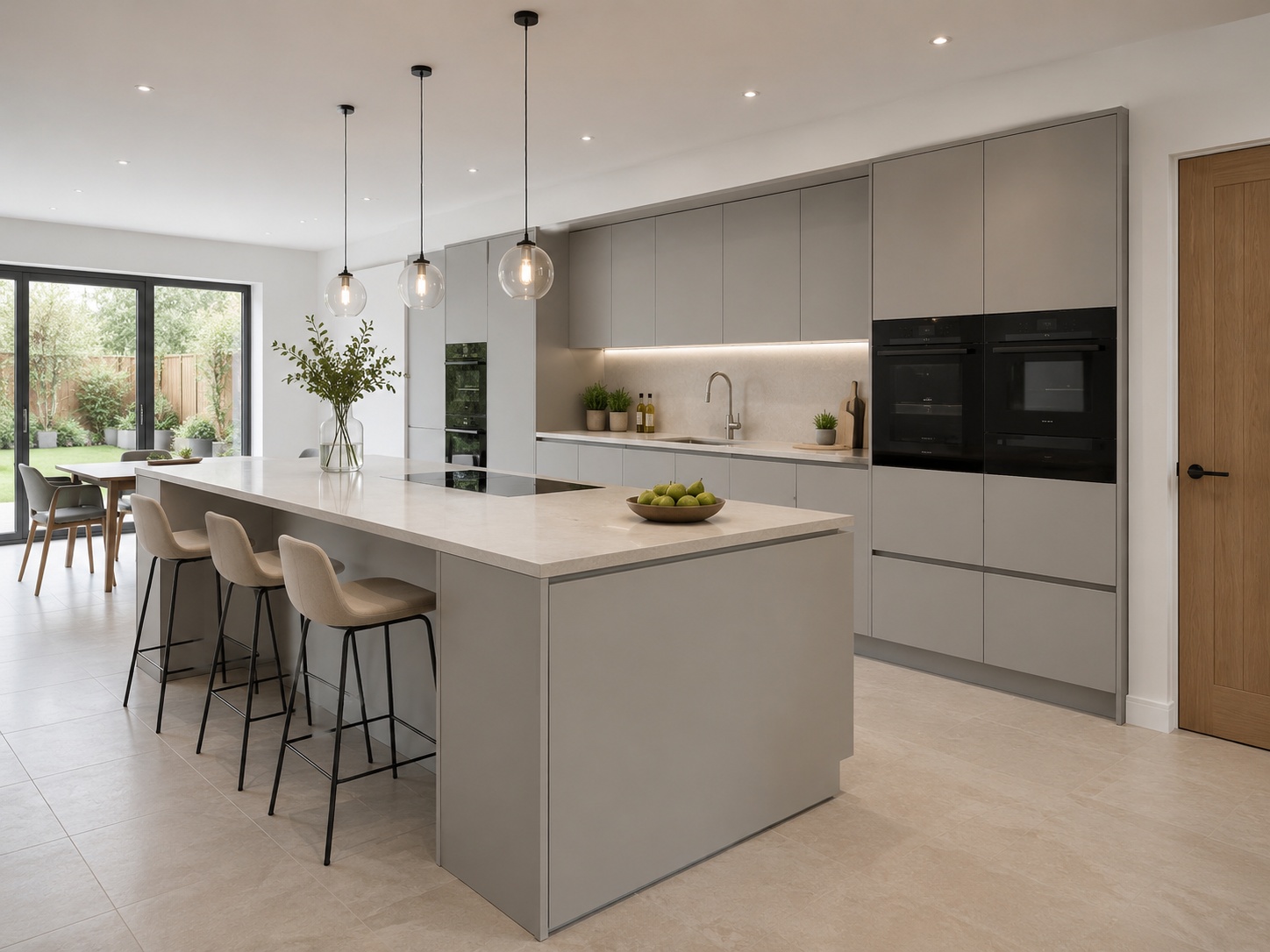 Nobilia Touch Satin Grey supermatt kitchen with contemporary flat-panel doors, light quartz with subtle warm-grey veining, integrated black-glass appliances, island seating, large-format pale stone porcelain tiles and bright garden-facing glazing.